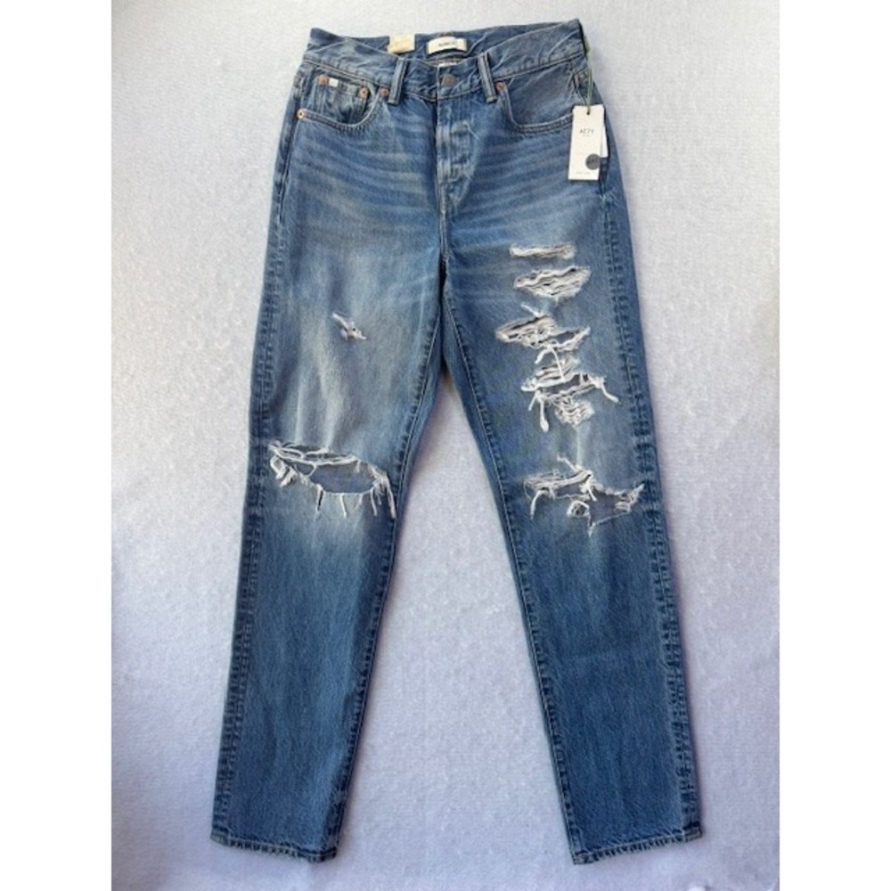 NEW AE77 American Eagle Jeans 00 Womens Blue Slouch Denim Distressed Straight